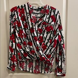 New Look Red Floral and Black Striped Blouse
